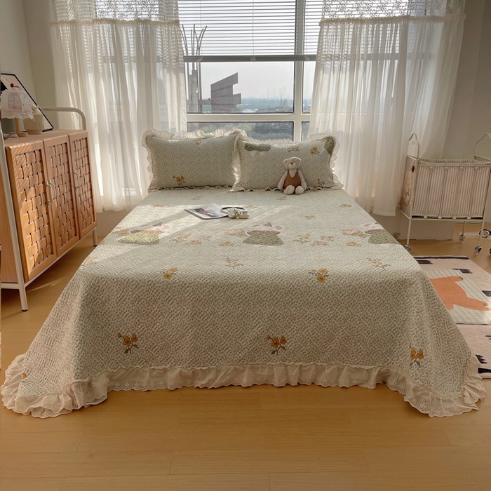 悦织湾家纺 2026新款印花泡芙棉花边床盖三件套春秋夏秋床罩款三件套轻奢时尚 花边-含花诗放