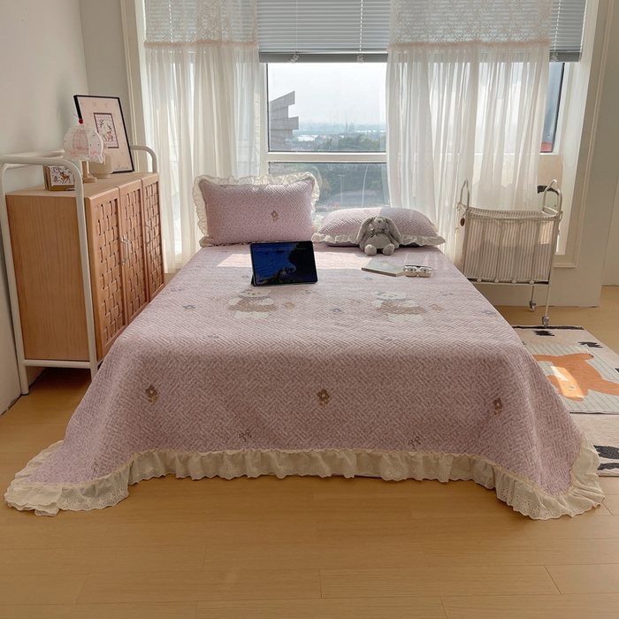 悦织湾家纺 2026新款印花泡芙棉花边床盖三件套春秋夏秋床罩款三件套轻奢时尚 花边-可爱熊