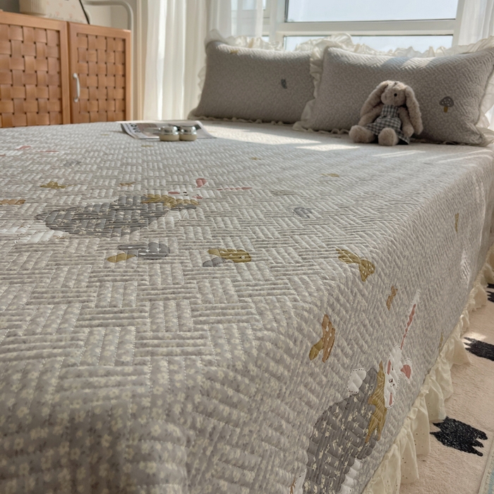 91家纺网 家纺一手货源 找家纺 悦织湾家纺 2026新款印花泡芙棉花边床盖三件套春秋夏秋床罩款三件套轻奢时尚 花边-花样年华