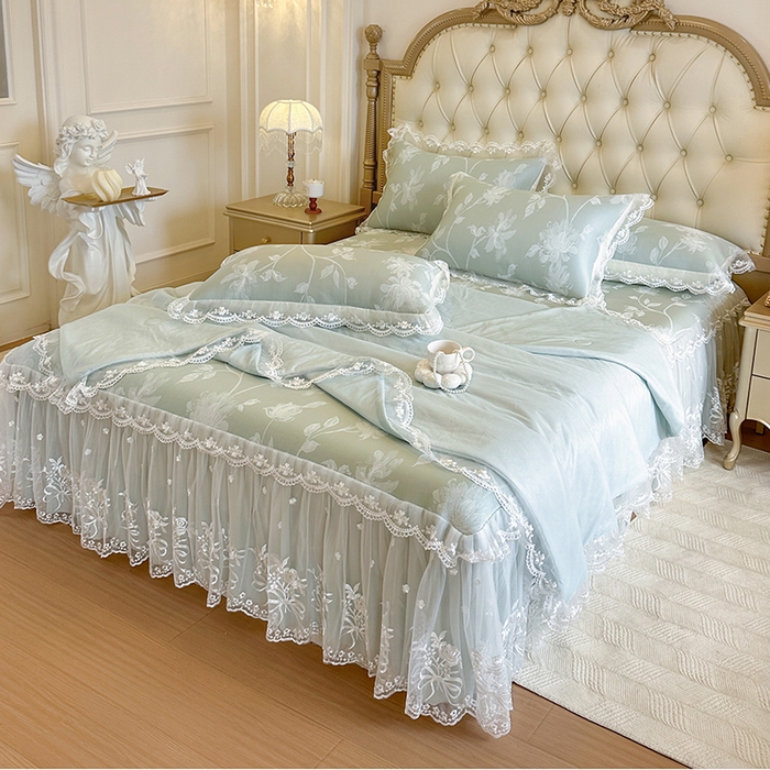 91家纺网 家纺一手货源 找家纺 （总）网红馆（ck家纺） 2026新款冰丝夏被床裙款凉席三件套-花叶倾城