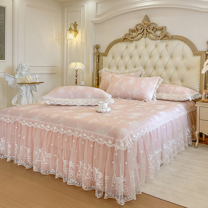 91家纺网 家纺一手货源 找家纺 网红馆（ck家纺） 2026新款冰丝夏被床裙款凉席三件套-花叶倾城 花叶倾城-粉