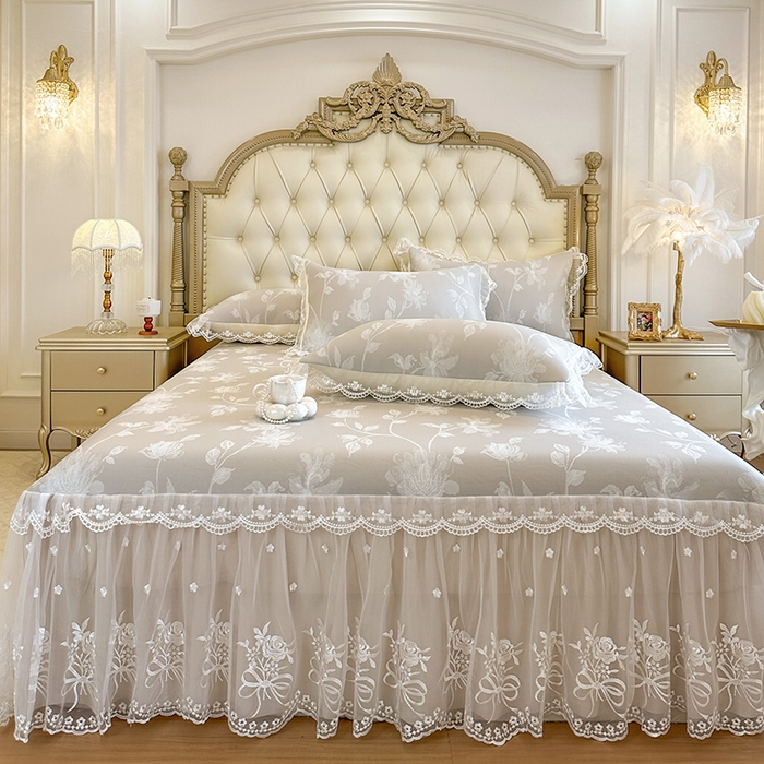 91家纺网 家纺一手货源 找家纺 网红馆（ck家纺） 2026新款冰丝夏被床裙款凉席三件套-花叶倾城 花叶倾城-灰