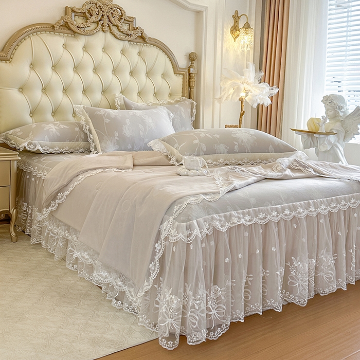 91家纺网 家纺一手货源 找家纺 网红馆（ck家纺） 2026新款冰丝夏被床裙款凉席三件套-花叶倾城 花叶倾城-灰