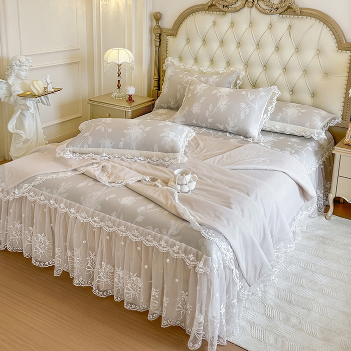 网红馆（ck家纺） 2026新款冰丝夏被床裙款凉席三件套-花叶倾城 花叶倾城-灰