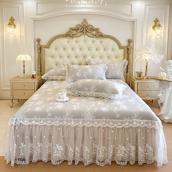 91家纺网 家纺一手货源 找家纺 网红馆（ck家纺） 2026新款冰丝夏被床裙款凉席三件套-花叶倾城 花叶倾城-灰