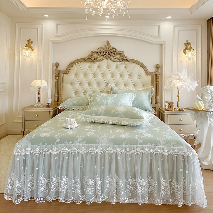 91家纺网 家纺一手货源 找家纺 网红馆（ck家纺） 2026新款冰丝夏被床裙款凉席三件套-花叶倾城 花叶倾城-绿