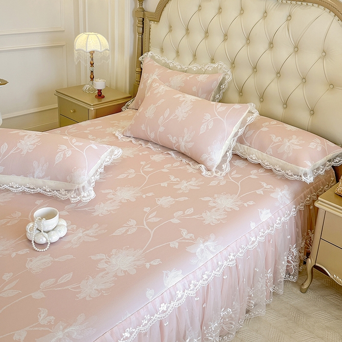 91家纺网 家纺一手货源 找家纺 网红馆（ck家纺） 2026新款冰丝夏被床裙款凉席三件套-花叶倾城 花叶倾城-粉