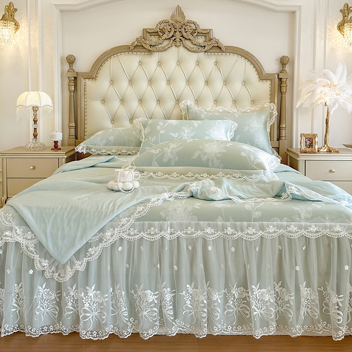 91家纺网 家纺一手货源 找家纺 网红馆（ck家纺） 2026新款冰丝夏被床裙款凉席三件套-花叶倾城 花叶倾城-绿