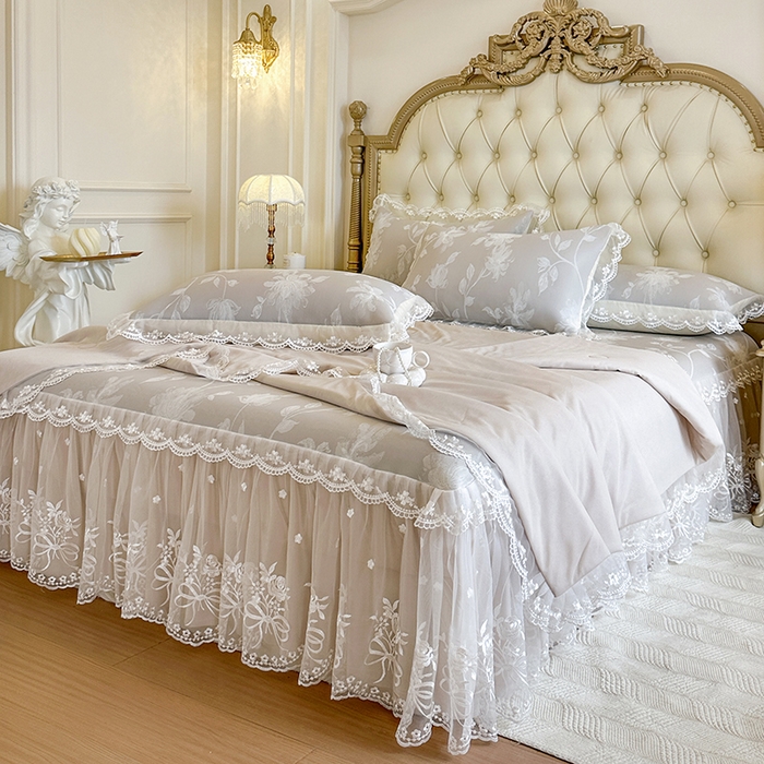 91家纺网 家纺一手货源 找家纺 网红馆（ck家纺） 2026新款冰丝夏被床裙款凉席三件套-花叶倾城 花叶倾城-灰