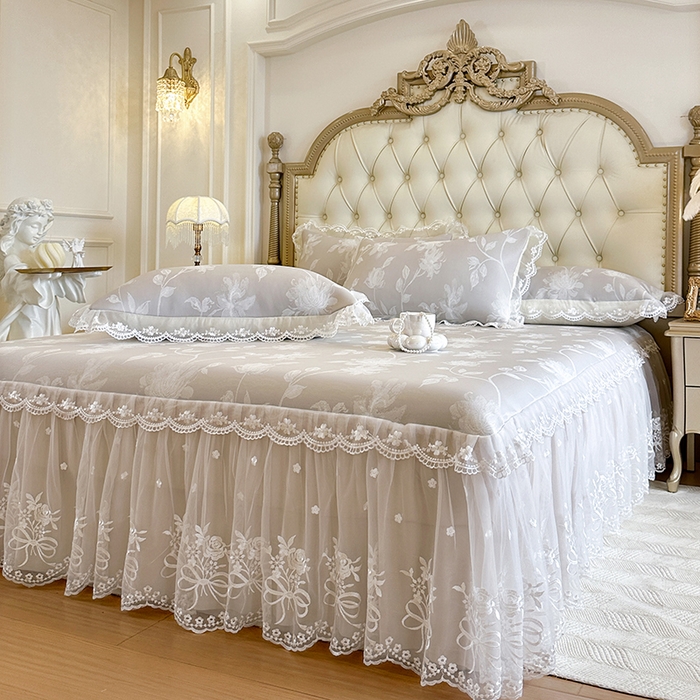 91家纺网 家纺一手货源 找家纺 网红馆（ck家纺） 2026新款冰丝夏被床裙款凉席三件套-花叶倾城 花叶倾城-灰