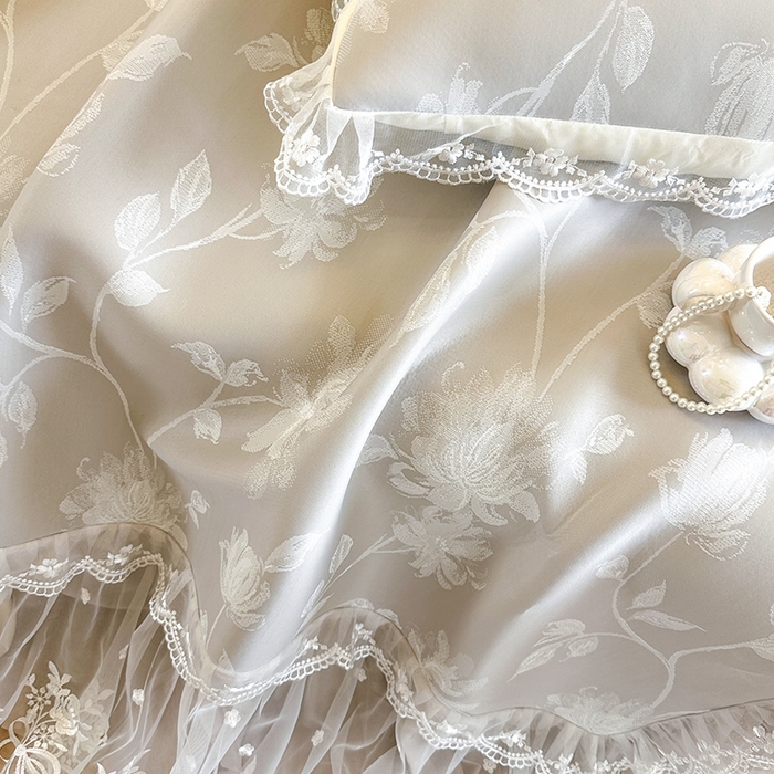 91家纺网 家纺一手货源 找家纺 网红馆（ck家纺） 2026新款冰丝夏被床裙款凉席三件套-花叶倾城 花叶倾城-灰