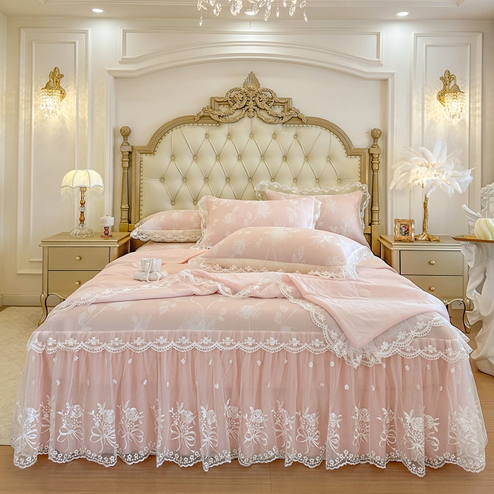 91家纺网 家纺一手货源 找家纺 网红馆（ck家纺） 2026新款冰丝夏被床裙款凉席三件套-花叶倾城 花叶倾城-粉