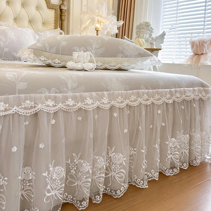 91家纺网 家纺一手货源 找家纺 网红馆（ck家纺） 2026新款冰丝夏被床裙款凉席三件套-花叶倾城 花叶倾城-灰