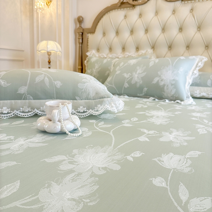 91家纺网 家纺一手货源 找家纺 网红馆（ck家纺） 2026新款冰丝夏被床裙款凉席三件套-花叶倾城 花叶倾城-绿