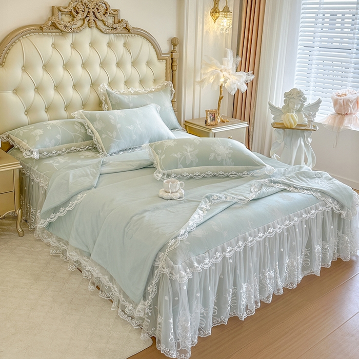 91家纺网 家纺一手货源 找家纺 网红馆（ck家纺） 2026新款冰丝夏被床裙款凉席三件套-花叶倾城 花叶倾城-绿