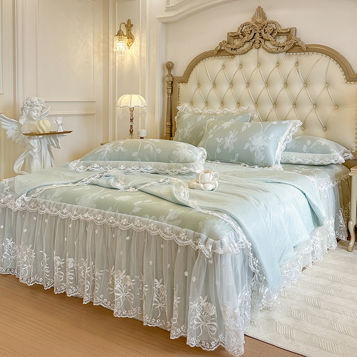 91家纺网 家纺一手货源 找家纺 网红馆（ck家纺） 2026新款冰丝夏被床裙款凉席三件套-花叶倾城 花叶倾城-绿