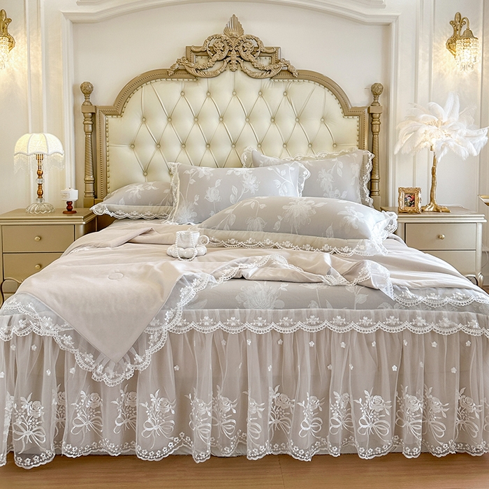 91家纺网 家纺一手货源 找家纺 网红馆（ck家纺） 2026新款冰丝夏被床裙款凉席三件套-花叶倾城 花叶倾城-灰