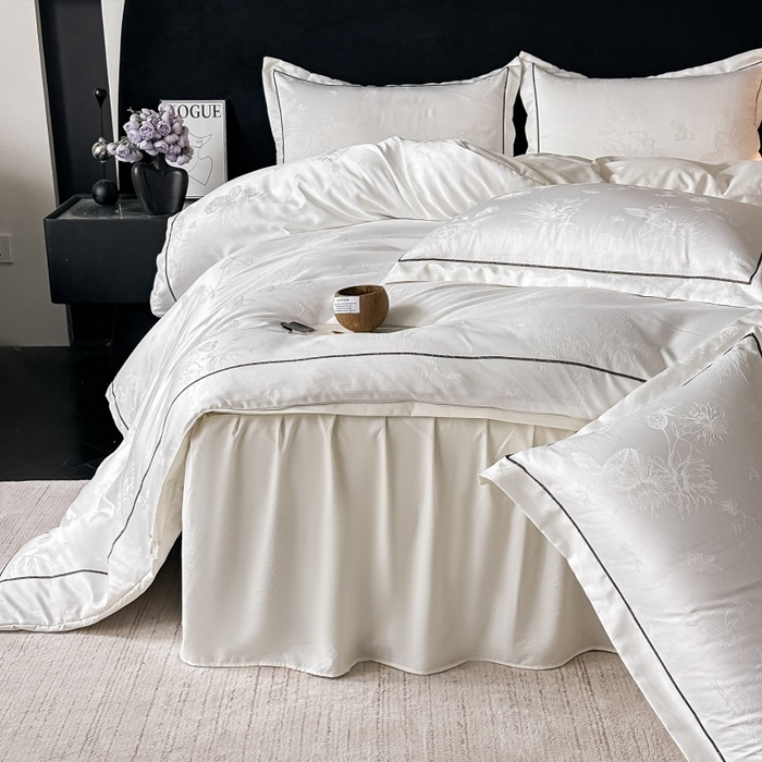 91家纺网 家纺一手货源 找家纺 韩秀家纺 2026新款A类亮丝提花立体浮雕贡缎臻棉床裙四件套 云缎雅颂-米