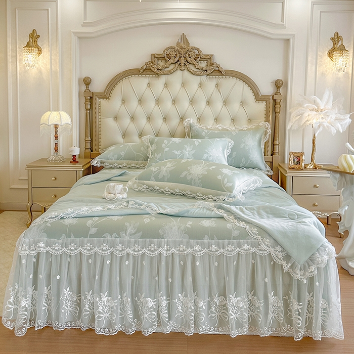 91家纺网 家纺一手货源 找家纺 网红馆（ck家纺） 2026新款冰丝夏被床裙款凉席三件套-花叶倾城 花叶倾城-绿