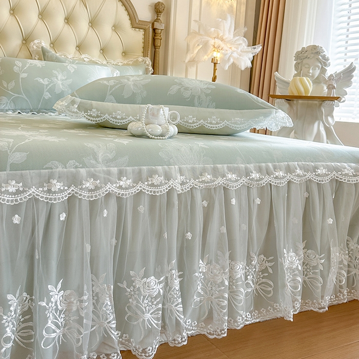 91家纺网 家纺一手货源 找家纺 网红馆（ck家纺） 2026新款冰丝夏被床裙款凉席三件套-花叶倾城 花叶倾城-绿