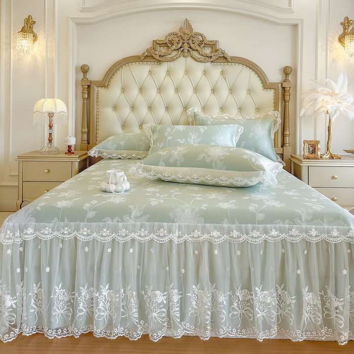 91家纺网 家纺一手货源 找家纺 网红馆（ck家纺） 2026新款冰丝夏被床裙款凉席三件套-花叶倾城 花叶倾城-绿