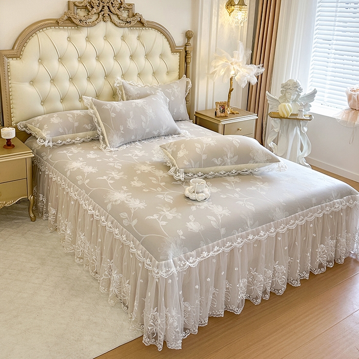 91家纺网 家纺一手货源 找家纺 网红馆（ck家纺） 2026新款冰丝夏被床裙款凉席三件套-花叶倾城 花叶倾城-灰