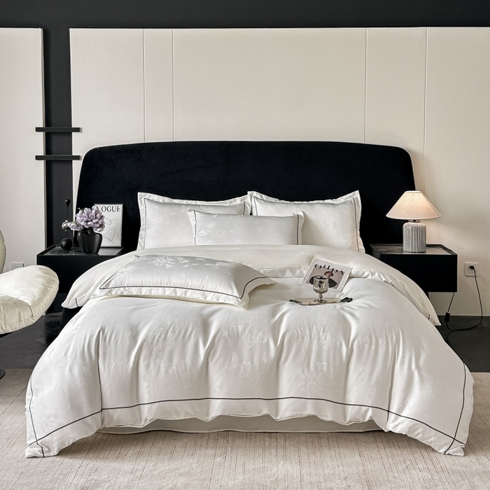 91家纺网 家纺一手货源 找家纺 韩秀家纺 2026新款A类亮丝提花立体浮雕贡缎臻棉床裙四件套 云缎雅颂-米