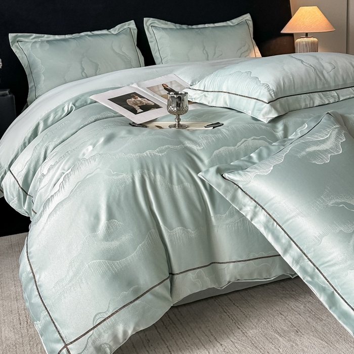 91家纺网 家纺一手货源 找家纺 韩秀家纺 2026新款A类亮丝提花立体浮雕贡缎臻棉床裙四件套 云缎雅颂-清新绿