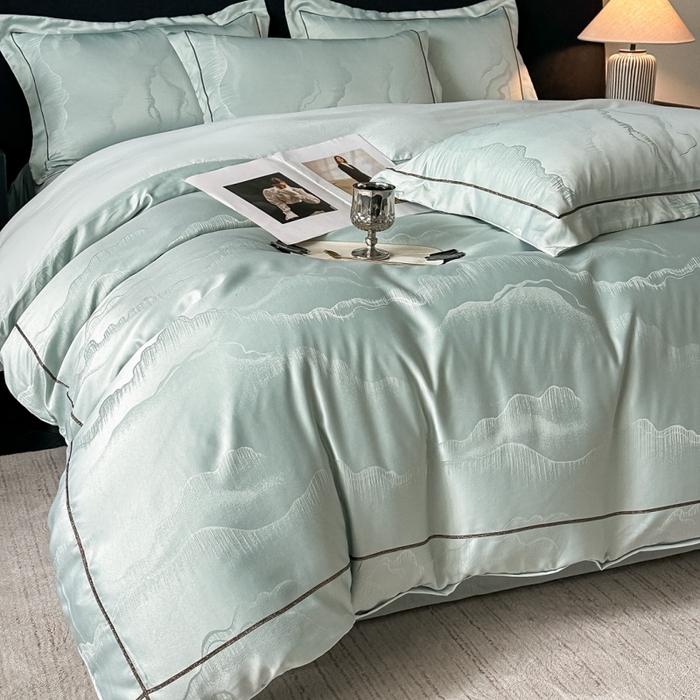 韩秀家纺 2026新款A类亮丝提花立体浮雕贡缎臻棉床裙四件套 云缎雅颂-清新绿