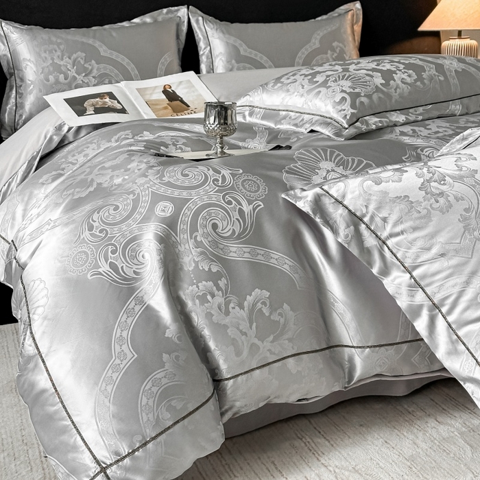 91家纺网 家纺一手货源 找家纺 韩秀家纺 2026新款A类亮丝提花立体浮雕贡缎臻棉床裙四件套 云缎雅颂-灰