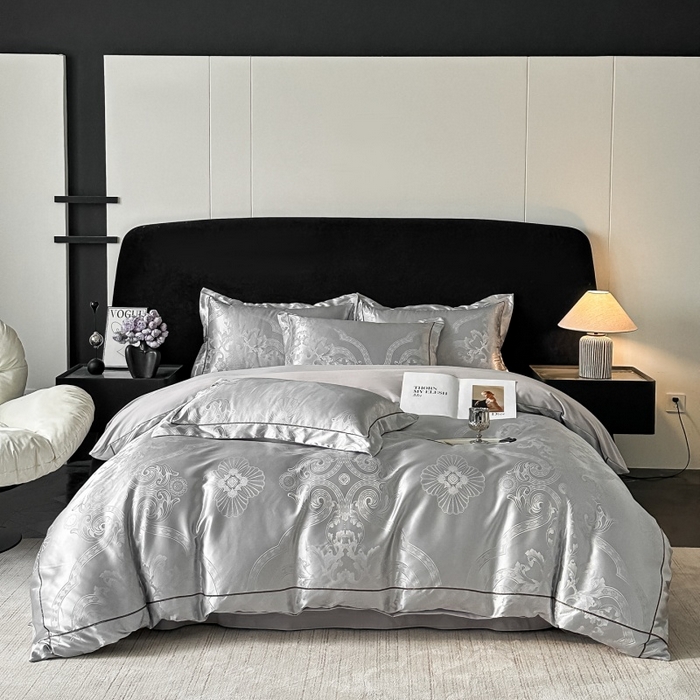 91家纺网 家纺一手货源 找家纺 韩秀家纺 2026新款A类亮丝提花立体浮雕贡缎臻棉床裙四件套 云缎雅颂-灰