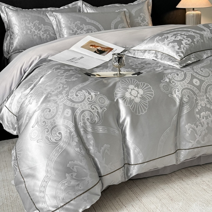 韩秀家纺 2026新款A类亮丝提花立体浮雕贡缎臻棉床裙四件套 云缎雅颂-灰