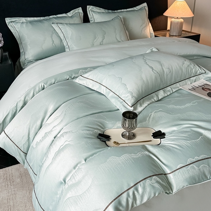 91家纺网 家纺一手货源 找家纺 韩秀家纺 2026新款A类亮丝提花立体浮雕贡缎臻棉床裙四件套 云缎雅颂-清新绿