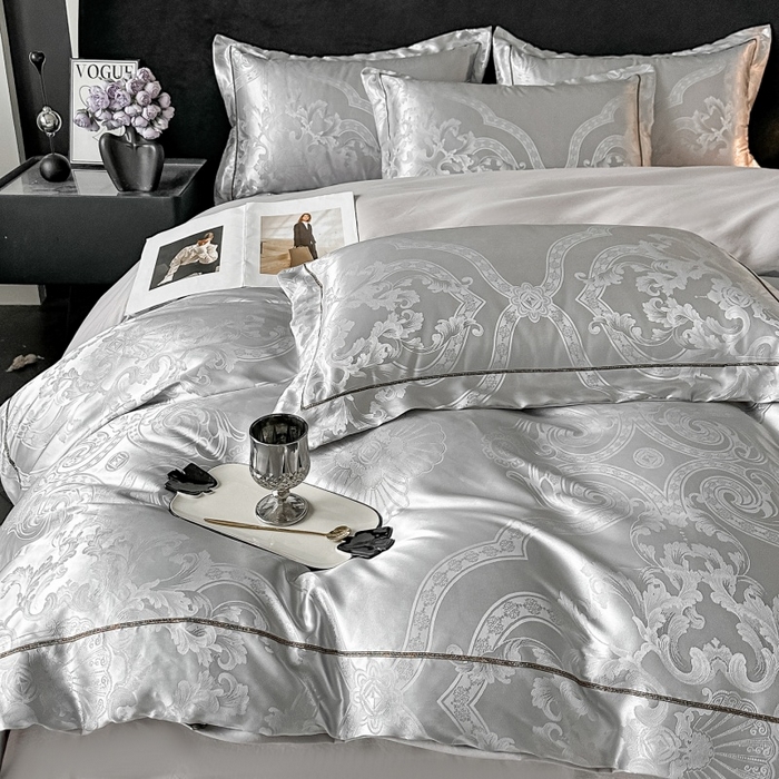 91家纺网 家纺一手货源 找家纺 韩秀家纺 2026新款A类亮丝提花立体浮雕贡缎臻棉床裙四件套 云缎雅颂-灰