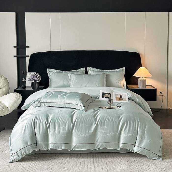 91家纺网 家纺一手货源 找家纺 韩秀家纺 2026新款A类亮丝提花立体浮雕贡缎臻棉床裙四件套 云缎雅颂-清新绿