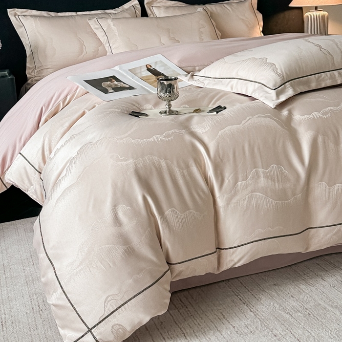 韩秀家纺 2026新款A类亮丝提花立体浮雕贡缎臻棉床裙四件套 云缎雅颂-香槟色