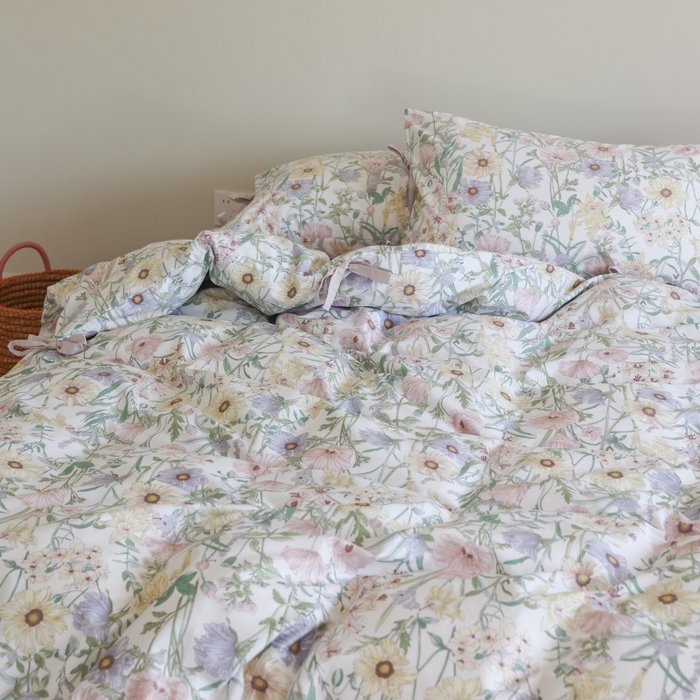 91家纺网 家纺一手货源 找家纺 棉眠 2026新款全棉纯棉蝴蝶结系带款四件套 芳菲集（蝴蝶结系带款）