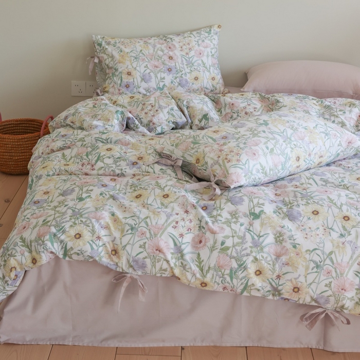 91家纺网 家纺一手货源 找家纺 棉眠 2026新款全棉纯棉蝴蝶结系带款四件套 芳菲集（蝴蝶结系带款）