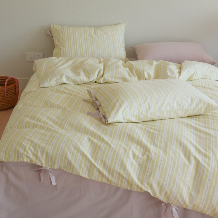 91家纺网 家纺一手货源 找家纺 棉眠 2026新款全棉纯棉蝴蝶结系带款四件套 橘子汽水（蝴蝶结系带款）