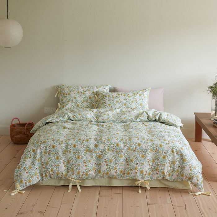 91家纺网 家纺一手货源 找家纺 棉眠 2026新款全棉纯棉蝴蝶结系带款四件套 花间牧歌（蝴蝶结系带款）