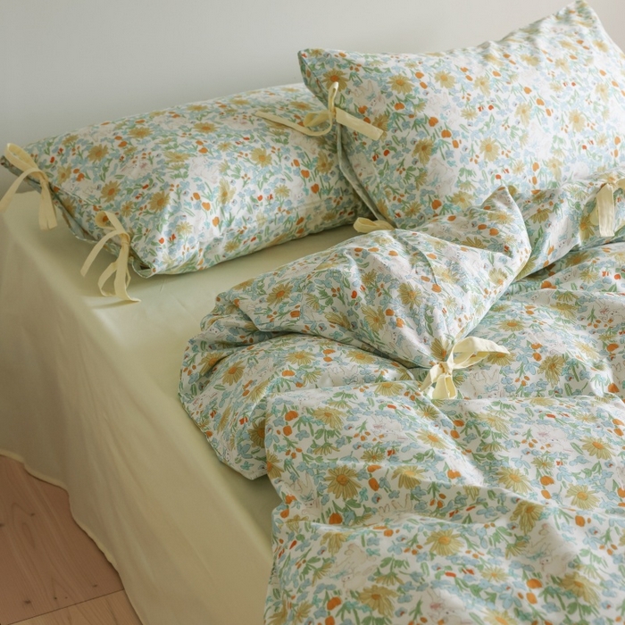 91家纺网 家纺一手货源 找家纺 棉眠 2026新款全棉纯棉蝴蝶结系带款四件套 花间牧歌（蝴蝶结系带款）