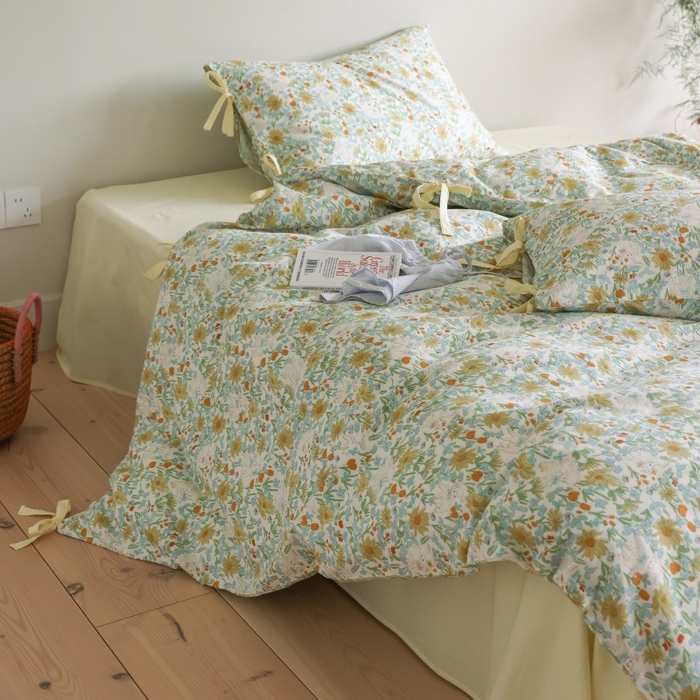 91家纺网 家纺一手货源 找家纺 棉眠 2026新款全棉纯棉蝴蝶结系带款四件套 花间牧歌（蝴蝶结系带款）