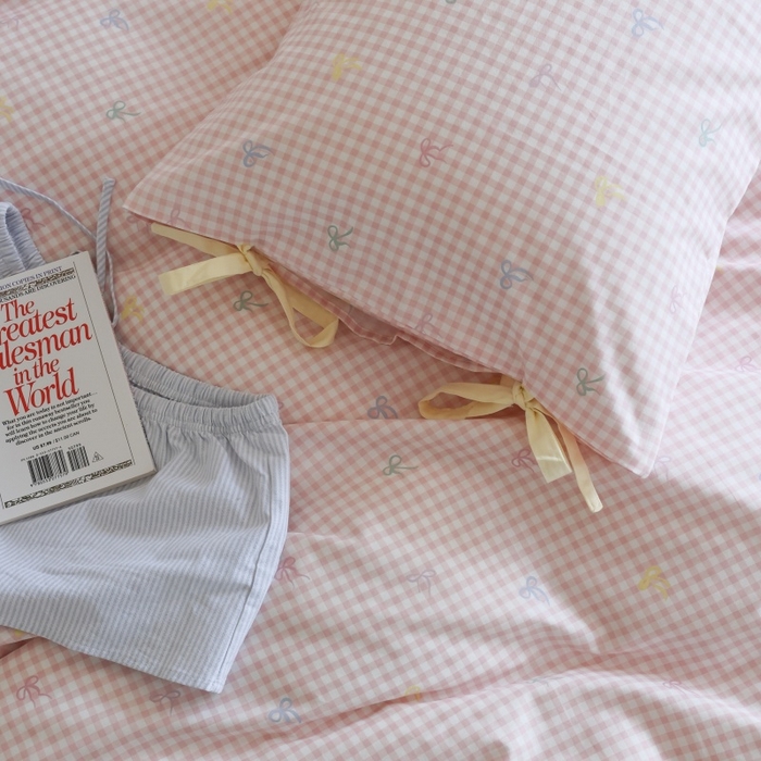 91家纺网 家纺一手货源 找家纺 棉眠 2026新款全棉纯棉蝴蝶结系带款四件套 海盐点点（蝴蝶结系带款）