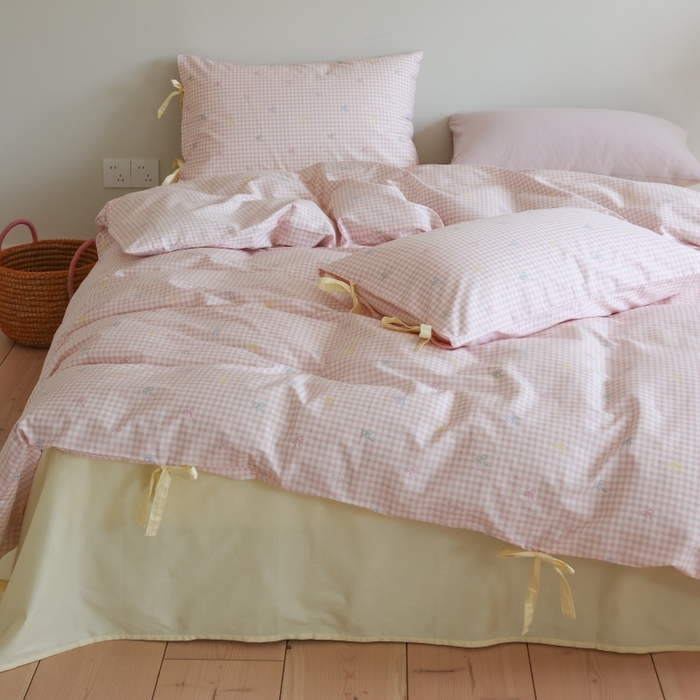 91家纺网 家纺一手货源 找家纺 棉眠 2026新款全棉纯棉蝴蝶结系带款四件套 海盐点点（蝴蝶结系带款）