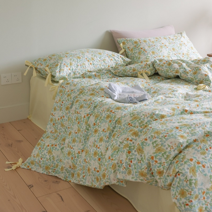 91家纺网 家纺一手货源 找家纺 棉眠 2026新款全棉纯棉蝴蝶结系带款四件套 花间牧歌（蝴蝶结系带款）