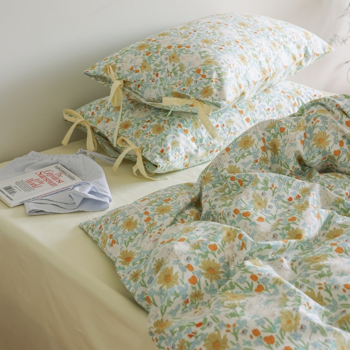 91家纺网 家纺一手货源 找家纺 棉眠 2026新款全棉纯棉蝴蝶结系带款四件套 花间牧歌（蝴蝶结系带款）