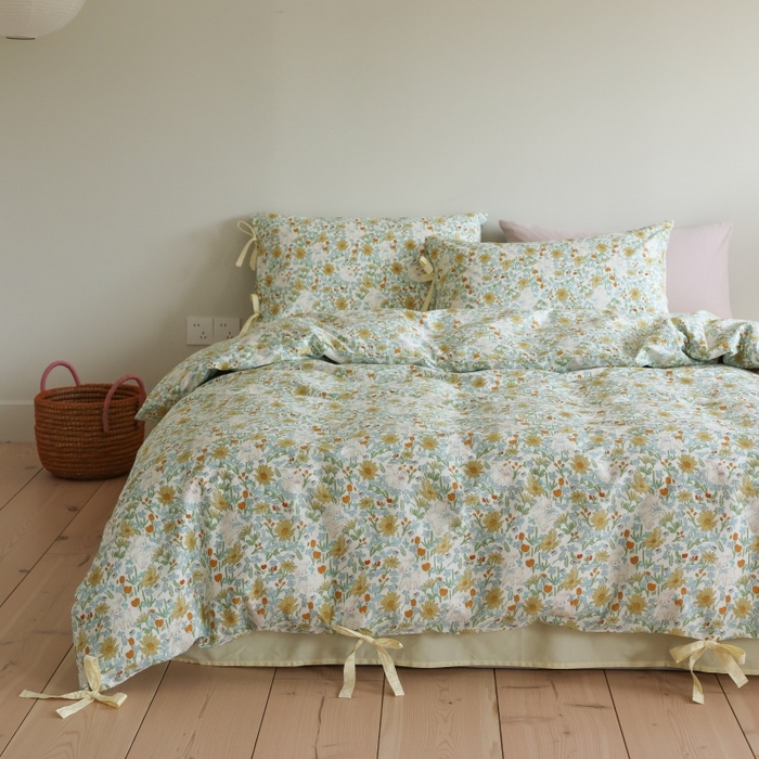 91家纺网 家纺一手货源 找家纺 棉眠 2026新款全棉纯棉蝴蝶结系带款四件套 花间牧歌（蝴蝶结系带款）