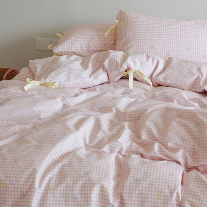 91家纺网 家纺一手货源 找家纺 棉眠 2026新款全棉纯棉蝴蝶结系带款四件套 海盐点点（蝴蝶结系带款）