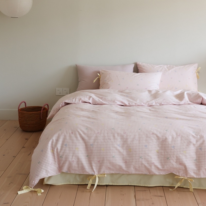 91家纺网 家纺一手货源 找家纺 棉眠 2026新款全棉纯棉蝴蝶结系带款四件套 海盐点点（蝴蝶结系带款）