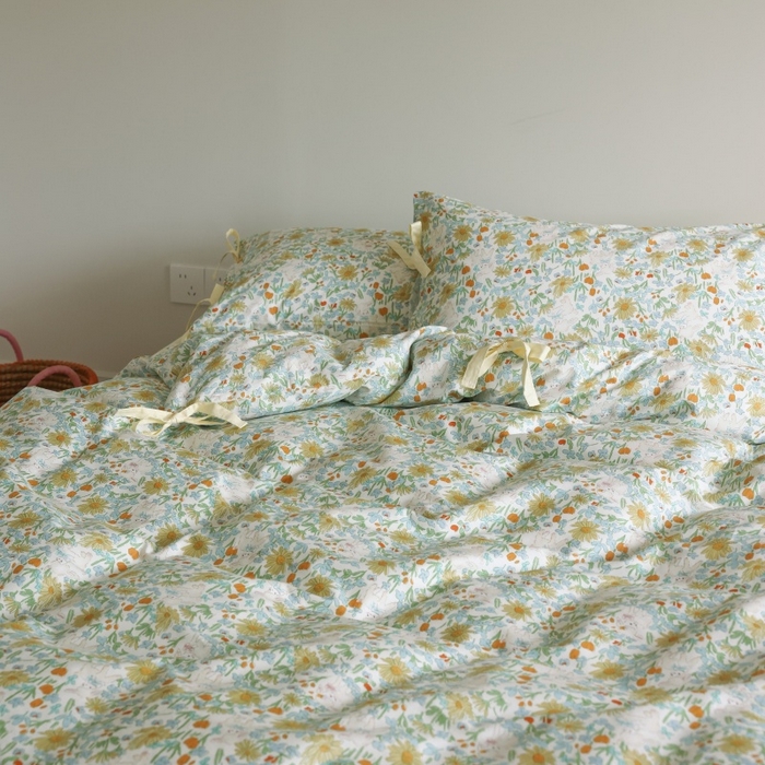 91家纺网 家纺一手货源 找家纺 棉眠 2026新款全棉纯棉蝴蝶结系带款四件套 花间牧歌（蝴蝶结系带款）